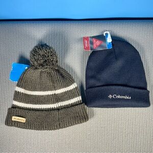 LOT 2 Columbia YOUTH Cuffed Knit Beanies NEW Navy Blue Gray Fleece Omni-Heat